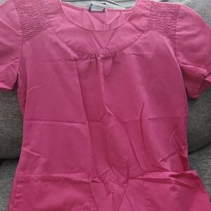 Cherokee Pink Short-Sleeve Pullover Blouse with Smocked Shoulders